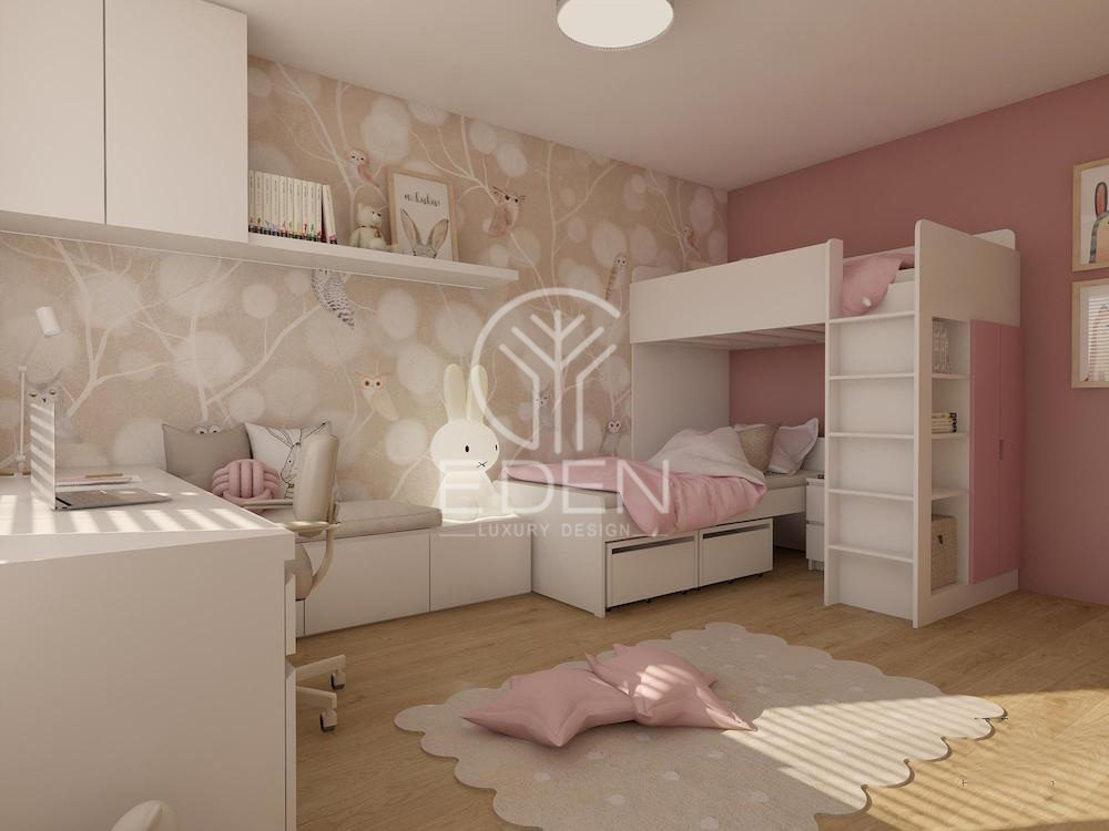 Phòng ngủ màu hồng nữ tính dành cho các bé gái dịu dàng