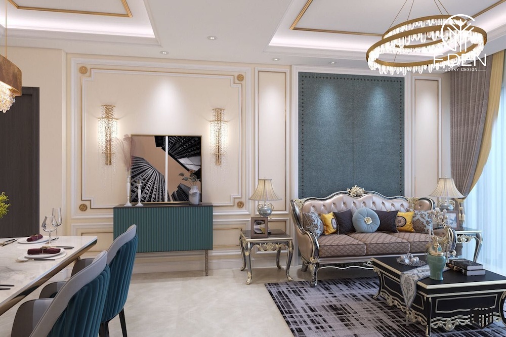 Mẫu thiết kế phòng khách căn hộ chung cư 56m2 phong cách Châu Âu