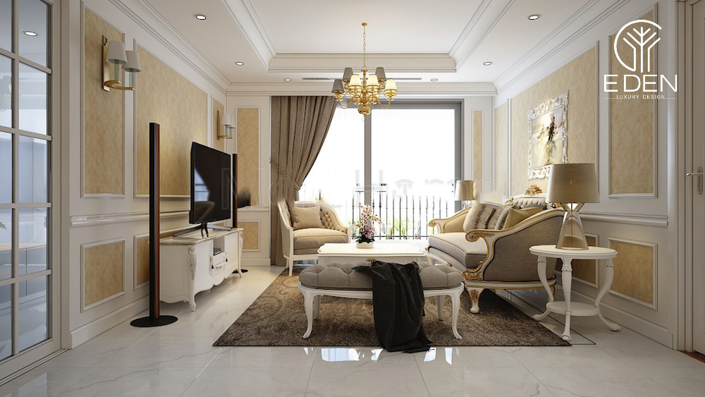 Phòng khách chung cư với nội thất thiết kế tân cổ điển sang trọng