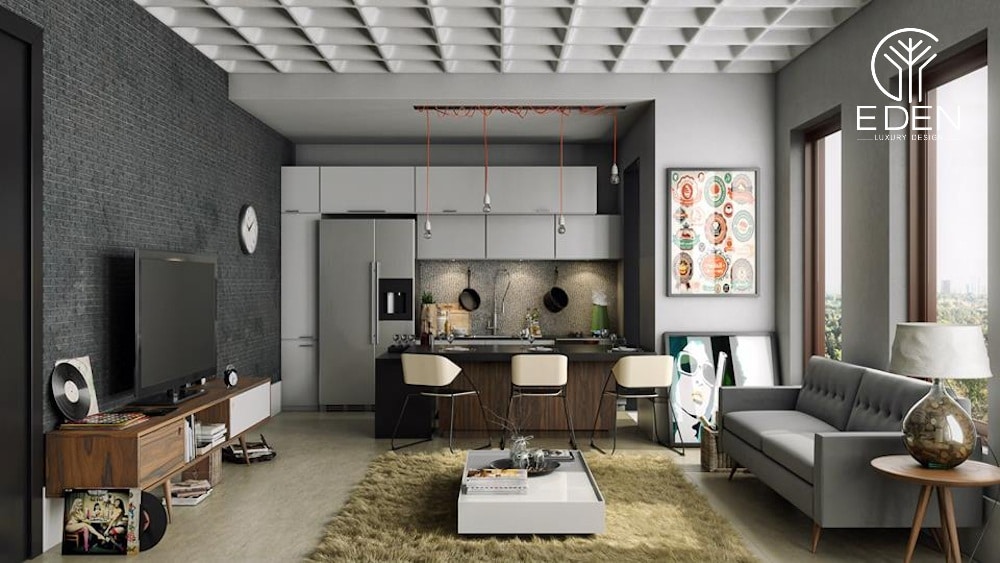 Cấu trúc phòng khách, bếp và khu vực bàn ăn ấn tượng cho chung cư 75m2