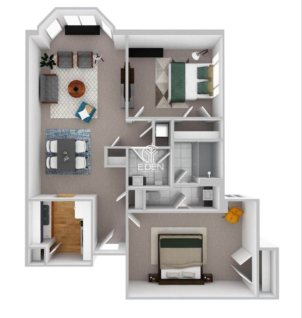 Mặt bằng thiết kế nội thất căn hộ 80m2 gồm 2 phòng ngủ tiện nghi