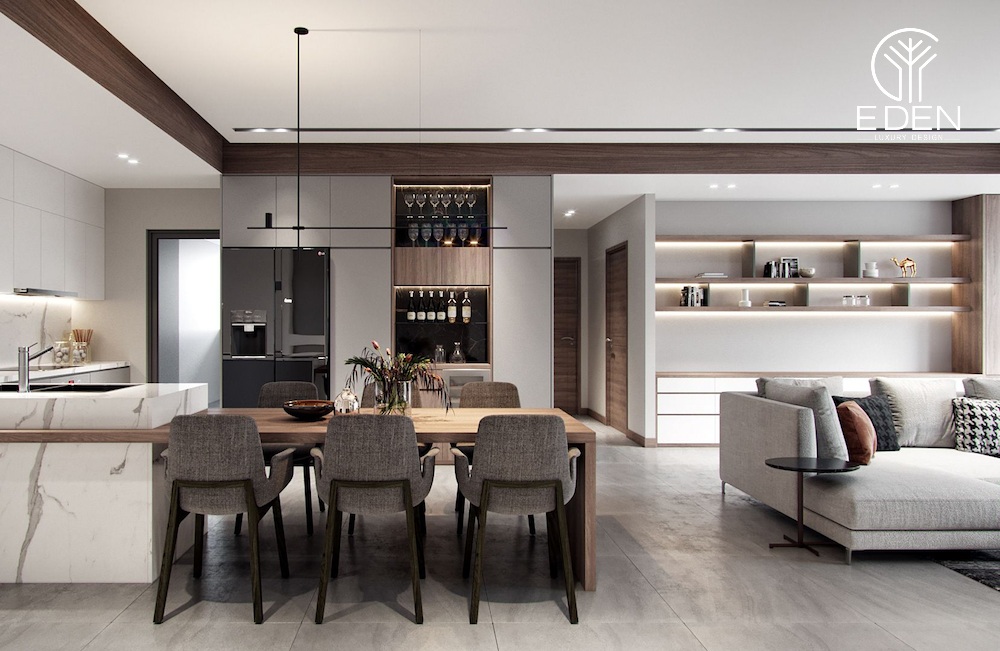 Bố cục phòng bếp và phòng khách nên được thiết kế phù hợp với diện tích chung
