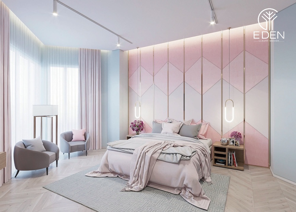 Nội thất màu hồng kết hợp với xám dịu dàng, trẻ trung cho phòng ngủ