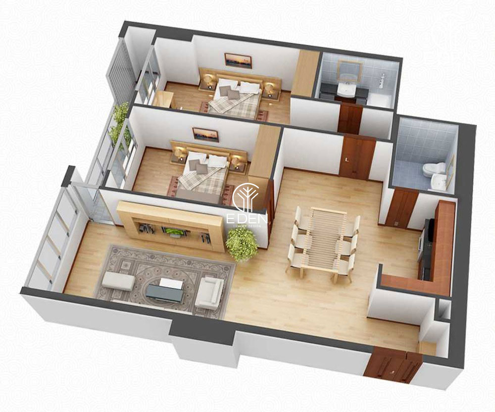 Mặt bằng chung cư 90m2 với nội thất 2 phòng ngủ