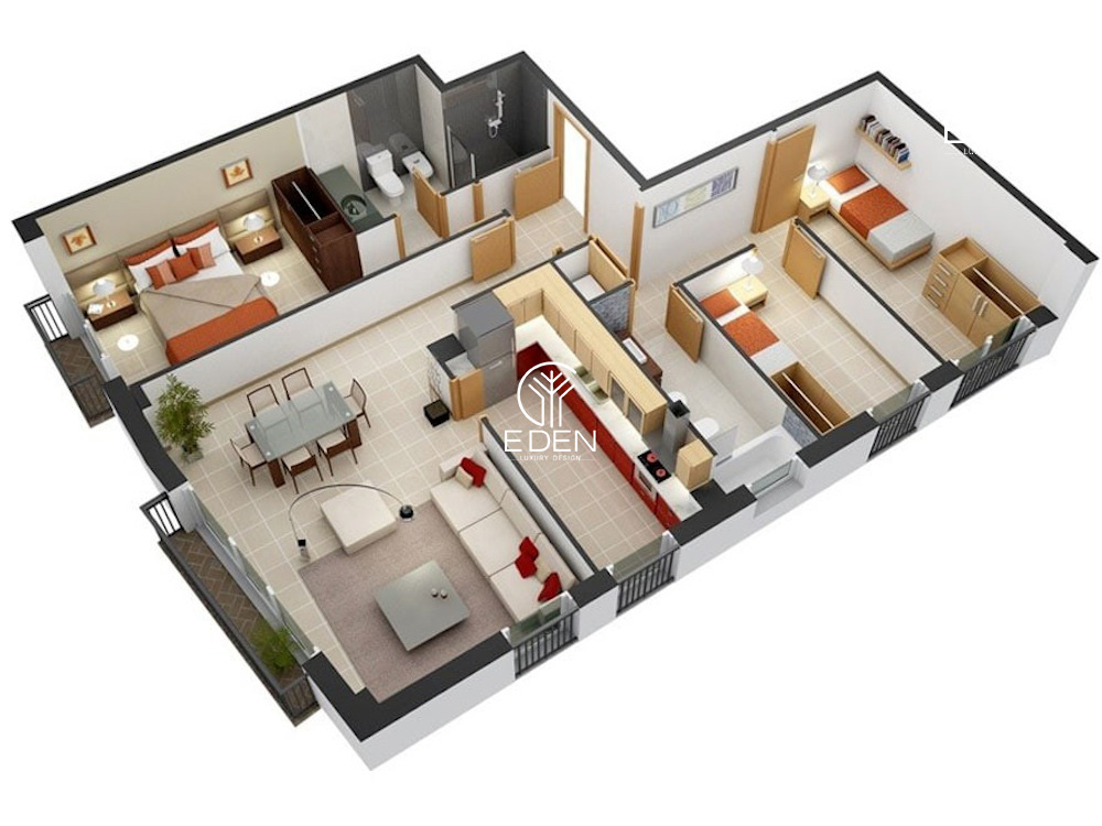 Thiết kế 3 phòng ngủ với nội thất hiện đại cho chung cư diện tích 90m2