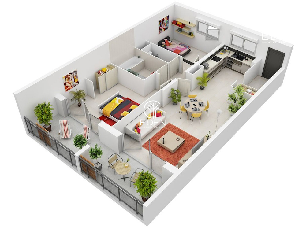 Thiết kế nội thất hai phòng ngủ dành cho chung cư 90m2