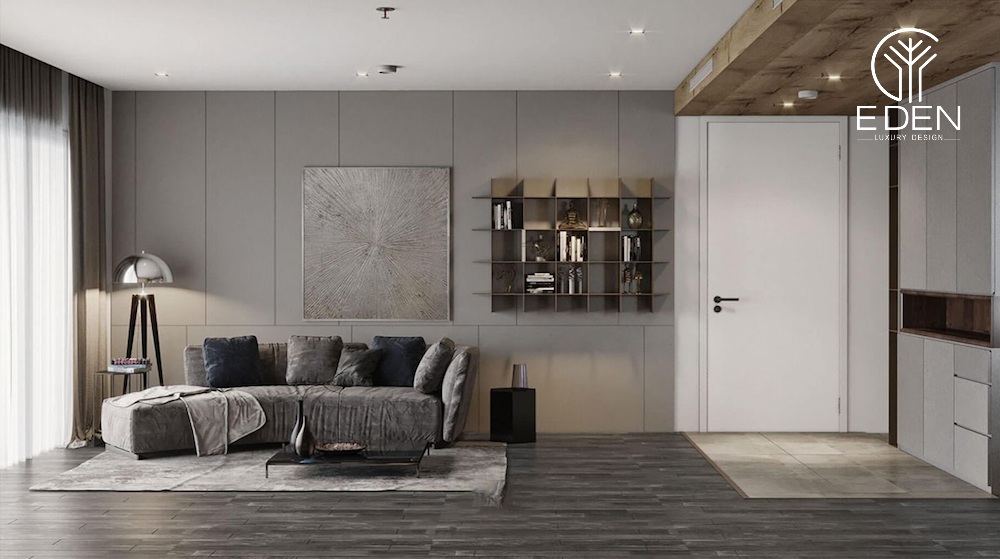 Phong cách đơn giản với nội thất tối màu cho phòng khách chung cư 90m2