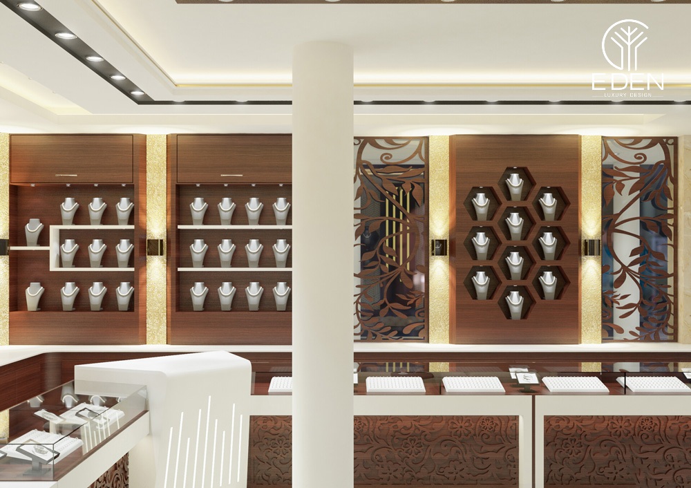 Phong cách cổ điển trong thiết kế nội thất tiệm vàng đẹp bằng việc sử dụng gỗ tự nhiên sẫm màu