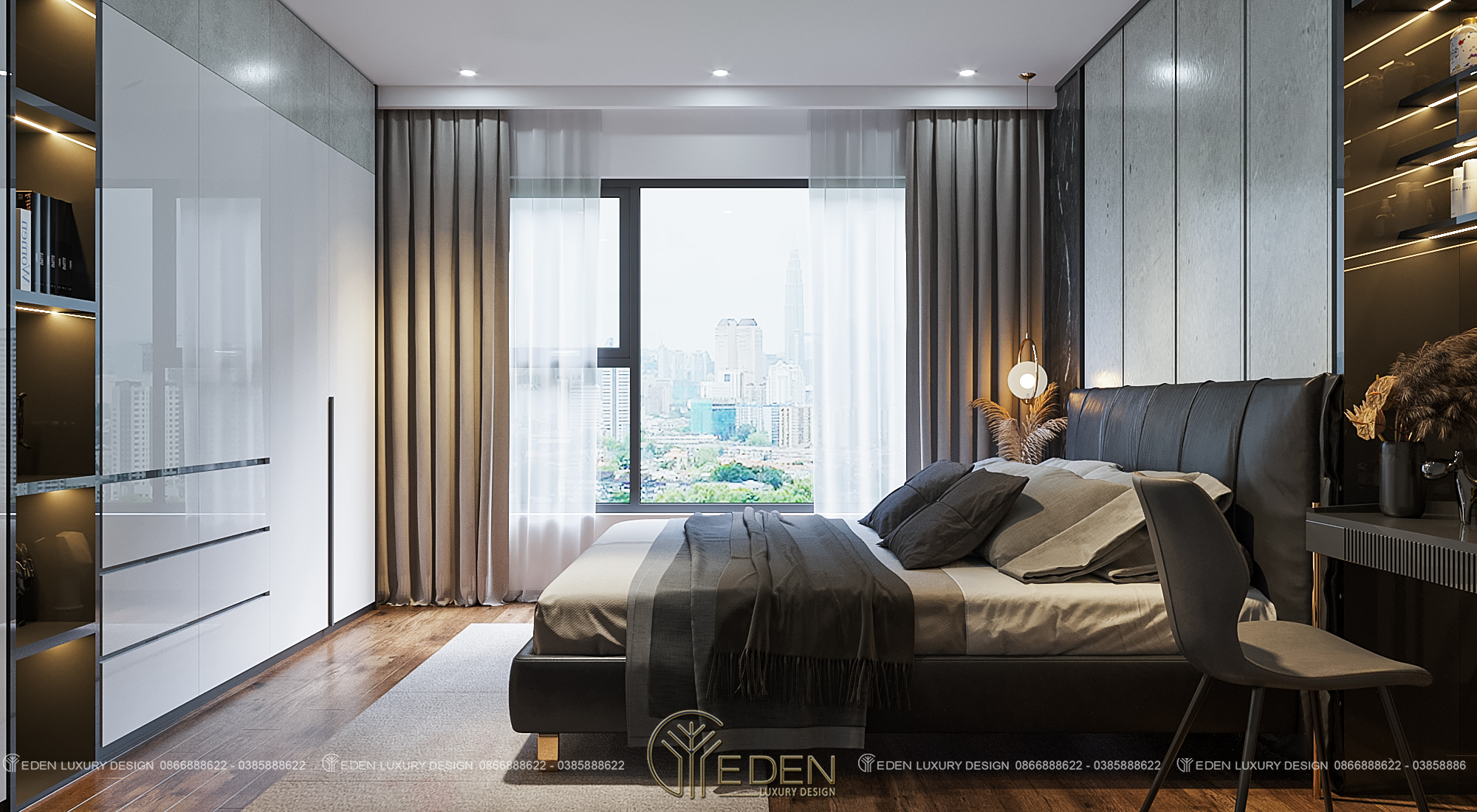 Thi công nội thất hiện đại cho phòng ngủ vợ chồng chung cư Golden Park 