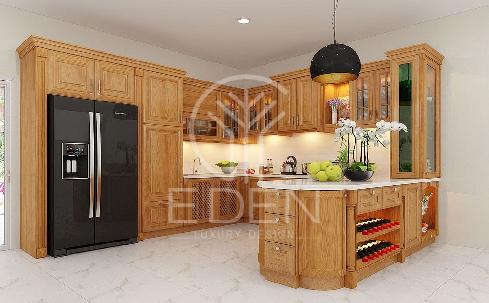 Tủ bếp với thiết kế hiện đại bằng gỗ xoan đào
