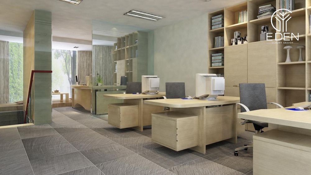 Văn phòng sử dụng màu sắc chủ đạo thanh lịch kết hợp với nội thất gỗ nhã nhặn