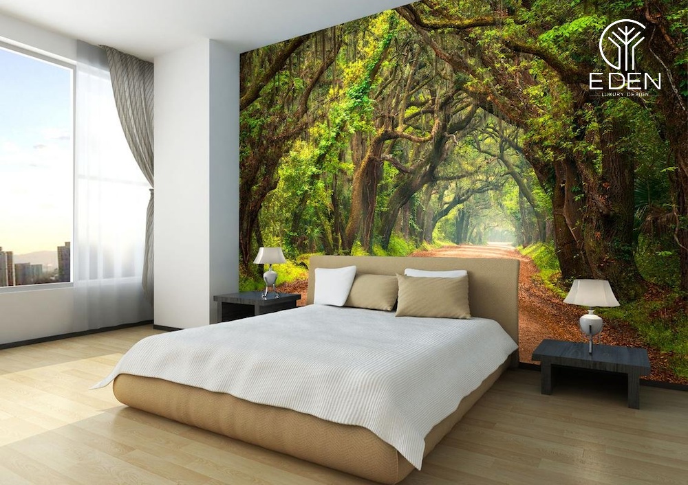 Mẫu tranh dán tường 3D hướng về thiên nhiên dành cho phòng ngủ tối giản
