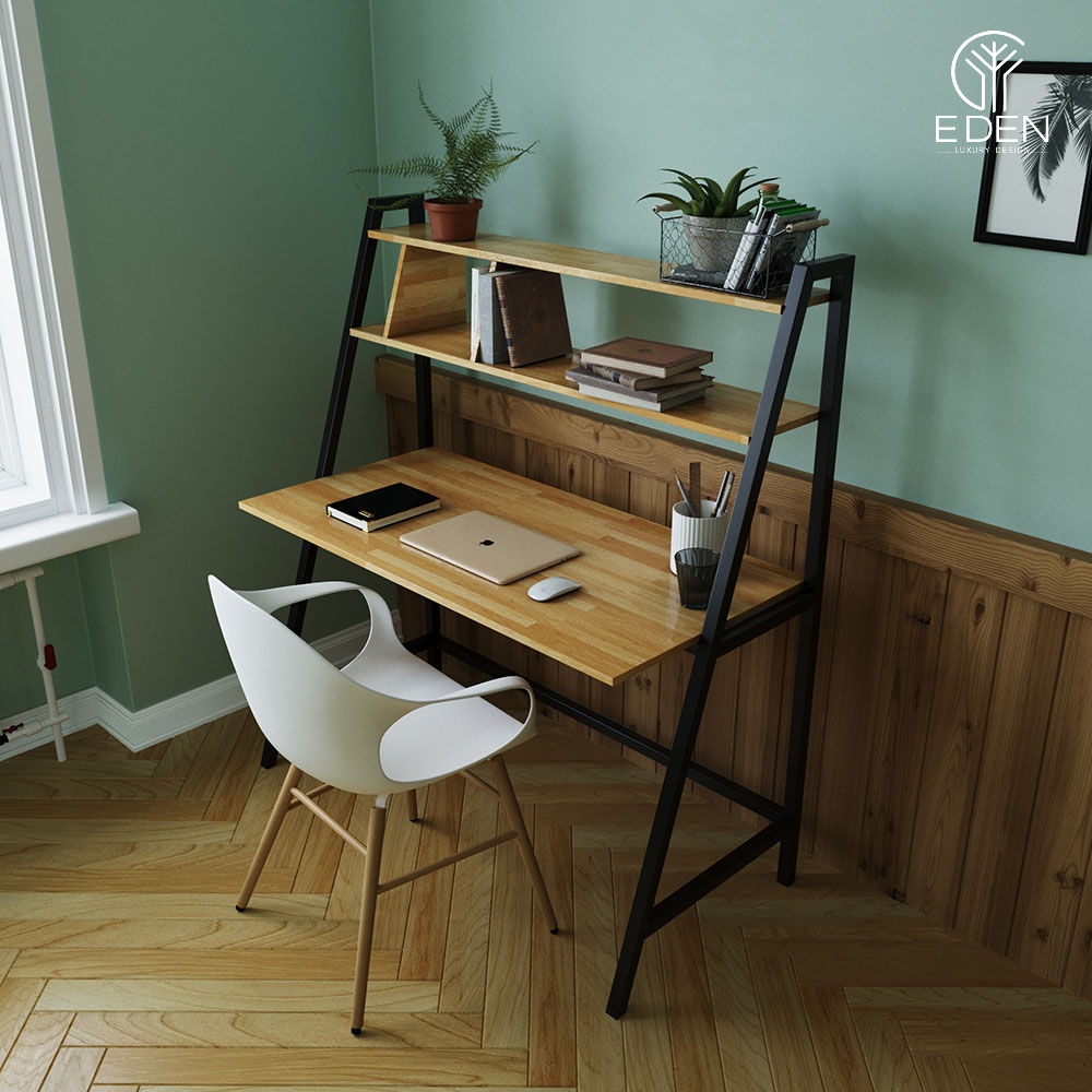 Mẫu bàn làm việc trong phòng ngủ tích hợp kệ trang trí tối giản từ chất liệu gỗ nhân tạo