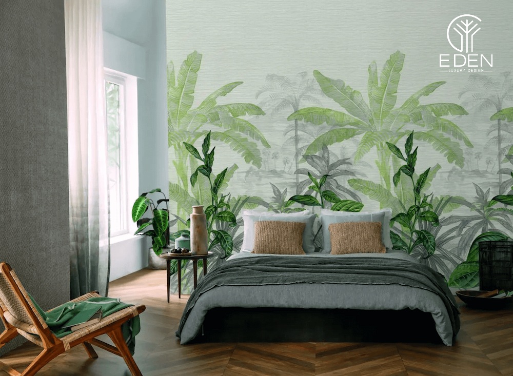 Mẫu giấy dán tường phòng ngủ in hình các loài cây nhiệt đới rất chân thực