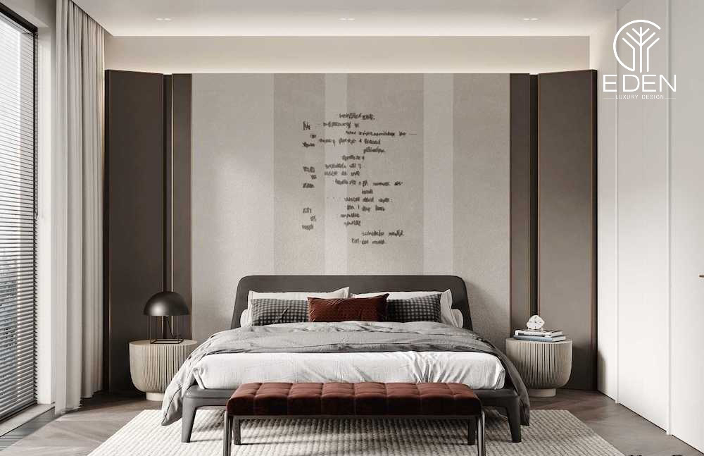 Dán tường phòng ngủ bằng giấy trang trí màu trung tính cho phòng ngủ của vợ chồng trẻ