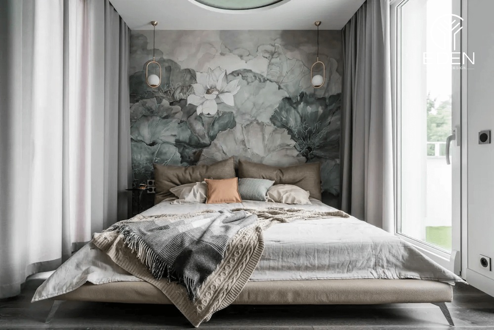 Trang trí phòng ngủ bằng giấy dán tường in tranh hoa sen cách điệu nghệ thuật