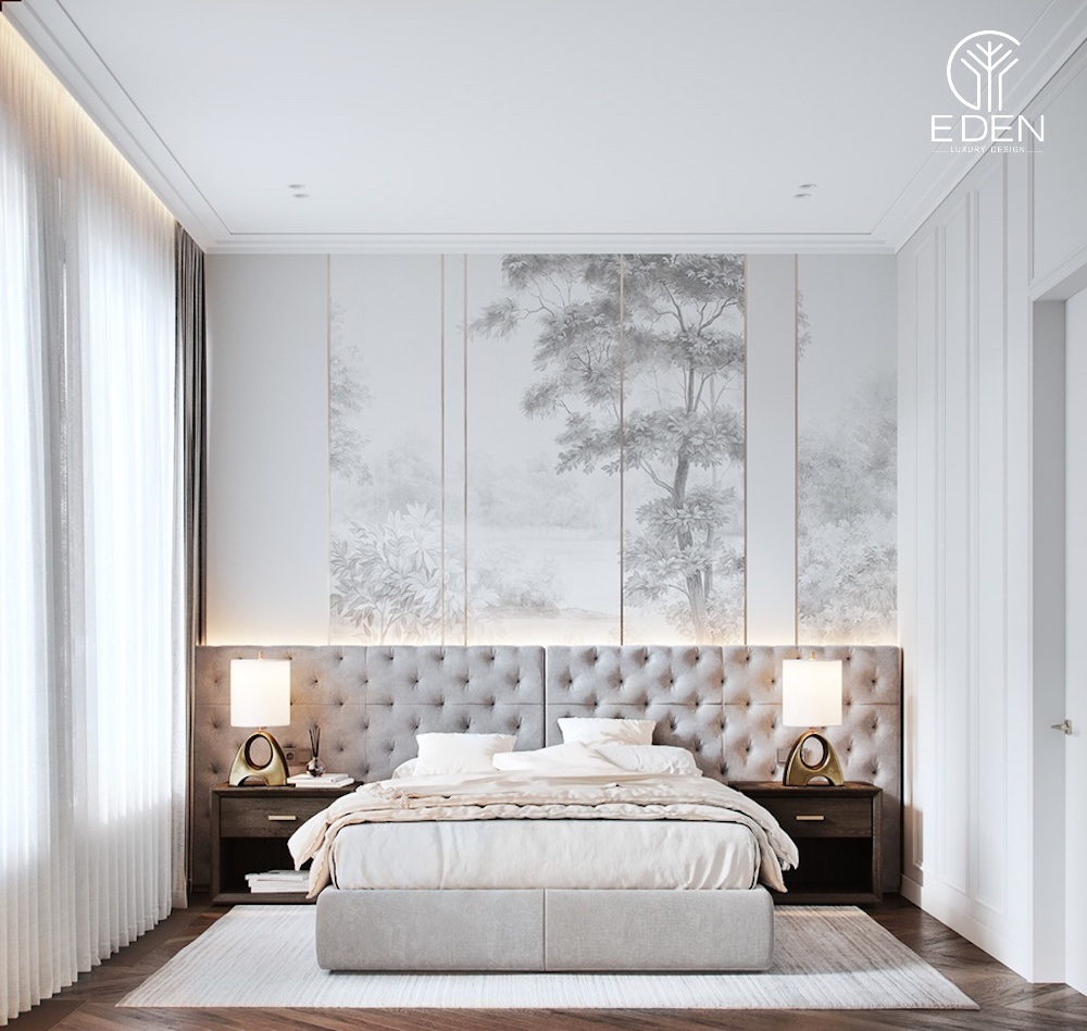 Mẫu giấy dán tường phòng ngủ vừa hiện đại vừa cổ điển in họa tiết cây cối