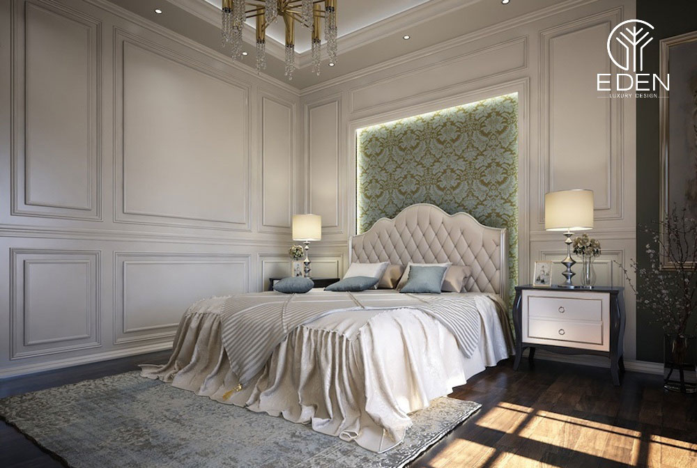 Trang trí phần tường đầu giường bằng dán tường cao cấp làm điểm nhấn cho căn phòng