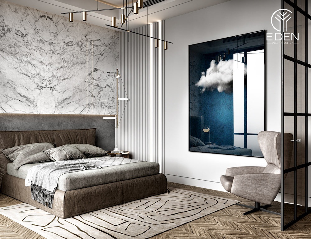 Giấy dán tường vân đá có thể làm điểm nhấn khi dán ở vị trí đầu giường trong phòng ngủ hiện đại