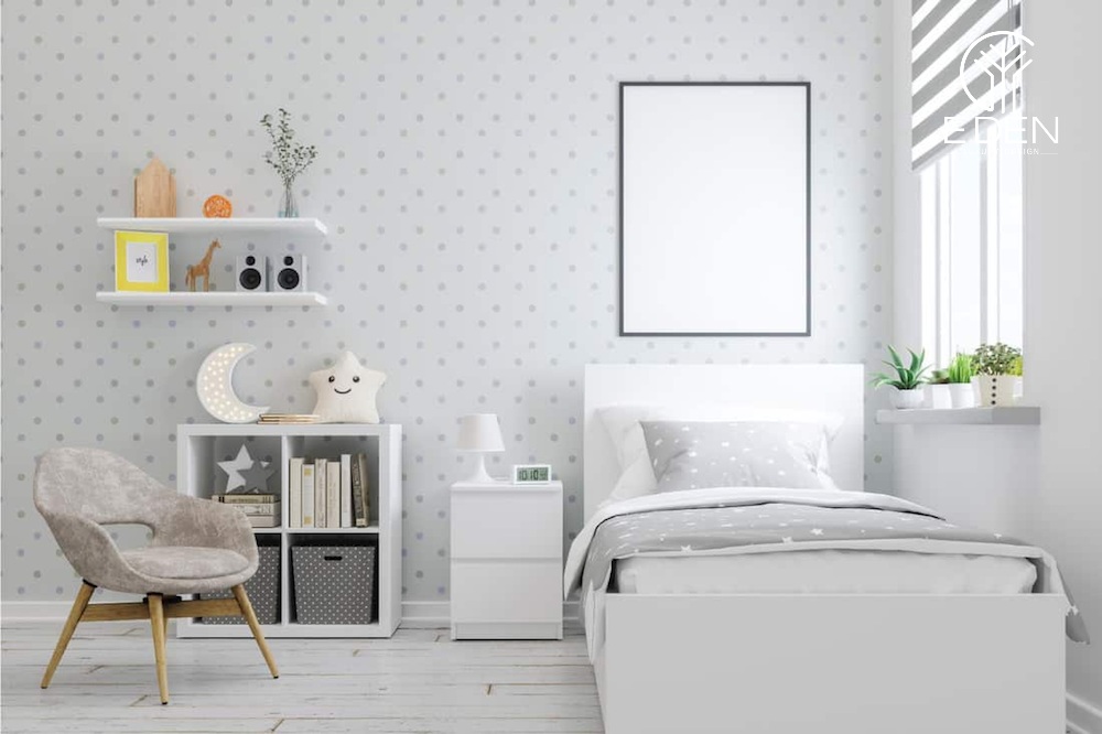 Ý tưởng thiết kế phòng ngủ cho bé sử dụng giấy tường nền trắng chấm bi
