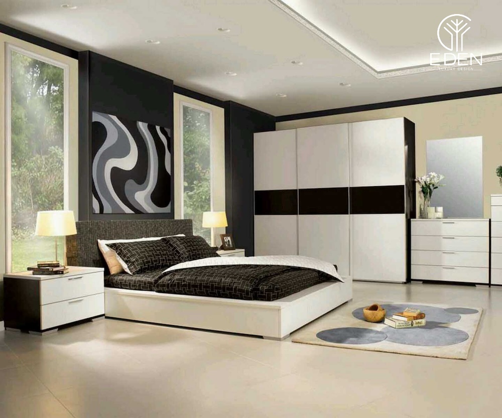 Phòng ngủ biệt thự sử dụng tủ quần áo gỗ công nghiệp sơn màu trắng đen thanh lịch