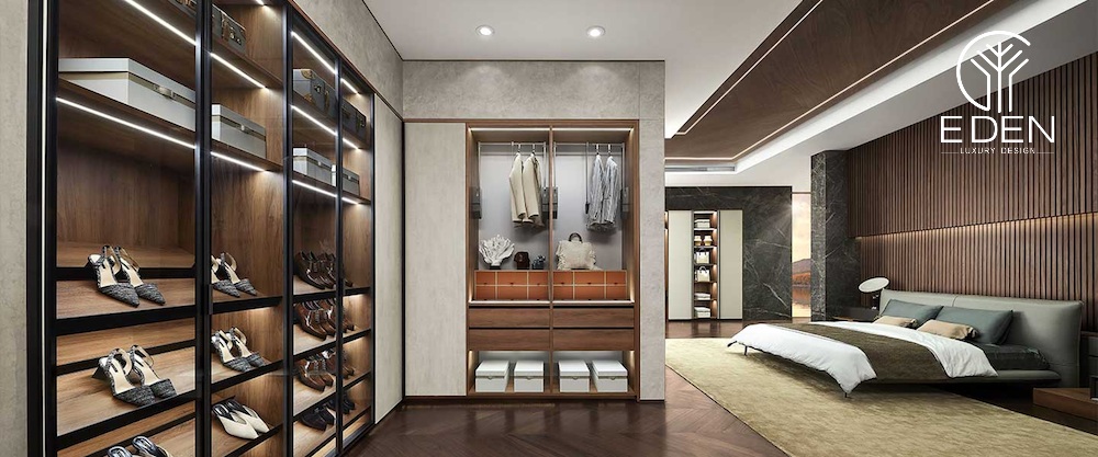 Tủ quần áo cánh kính màu gỗ trầm ấm cúng luôn nổi bật trong phòng ngủ lớn