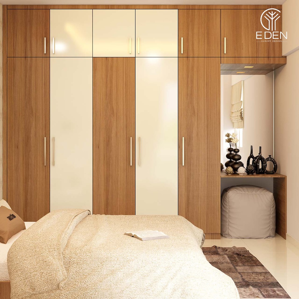 Tủ quần áo phòng ngủ căn hộ chung cư bằng gỗ công nghiệp phối màu gỗ và màu trắng trẻ trung