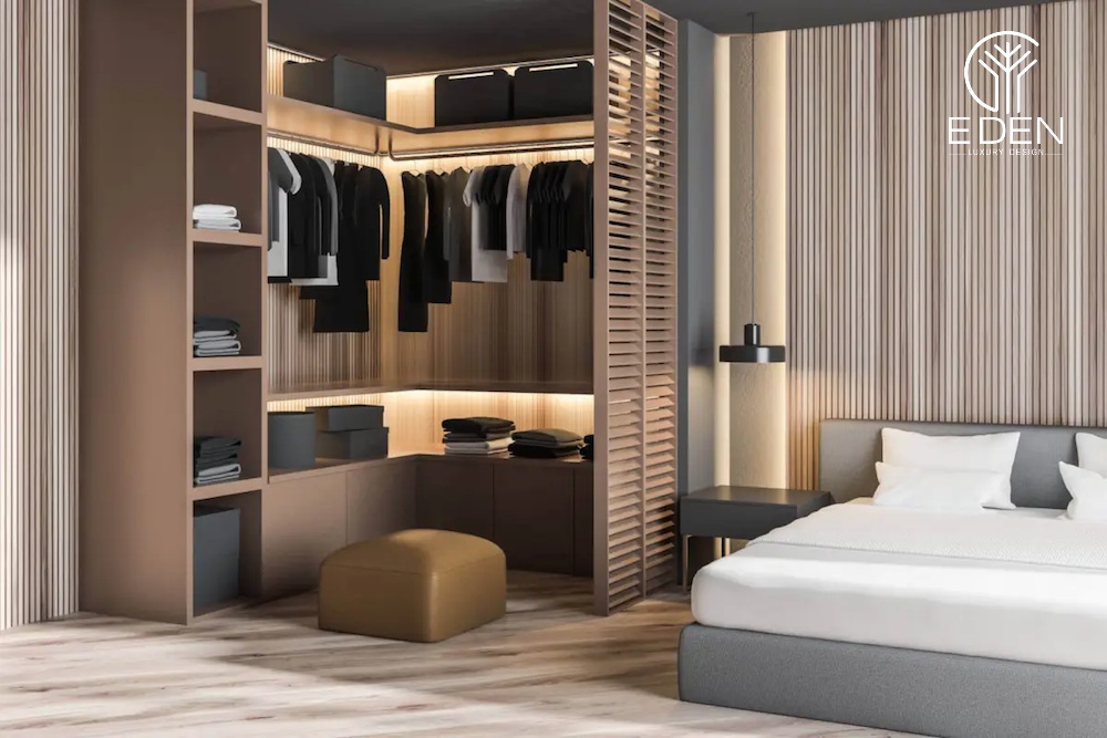 Mẫu tủ quần áo phòng ngủ chung cư thiết kế âm tường sáng tạo từ chất liệu gỗ tự nhiên