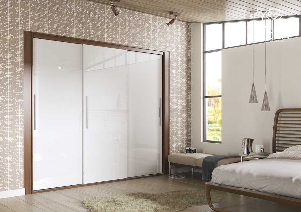 Tủ quần áo bóng gương phủ Acrylic màu trắng thiết kế cánh lùa âm tường
