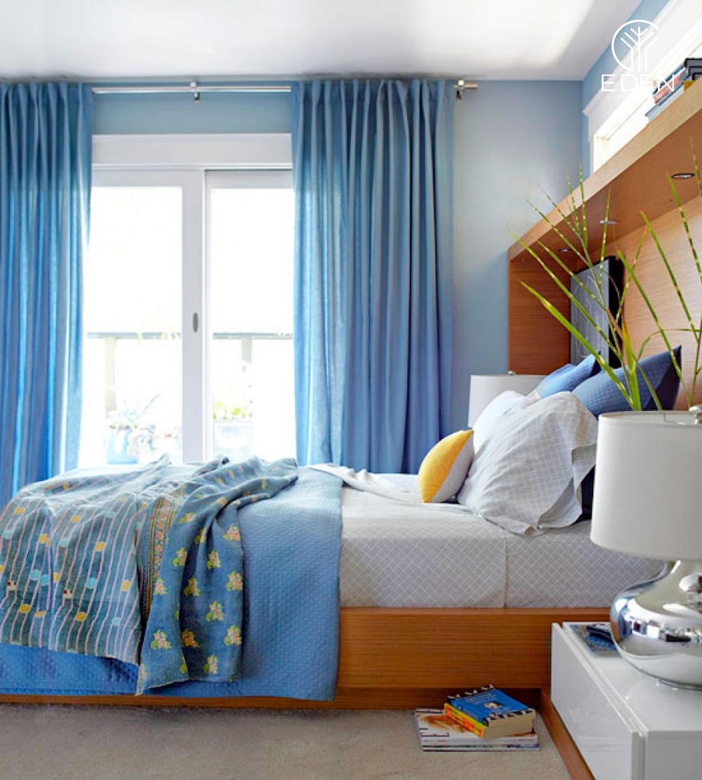 Tone màu xanh tươi mát cho rèm cửa sổ phòng ngủ