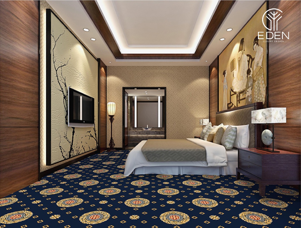 Trang trí phòng ngủ bằng mẫu thảm trải hoa văn màu xanh cổ điển