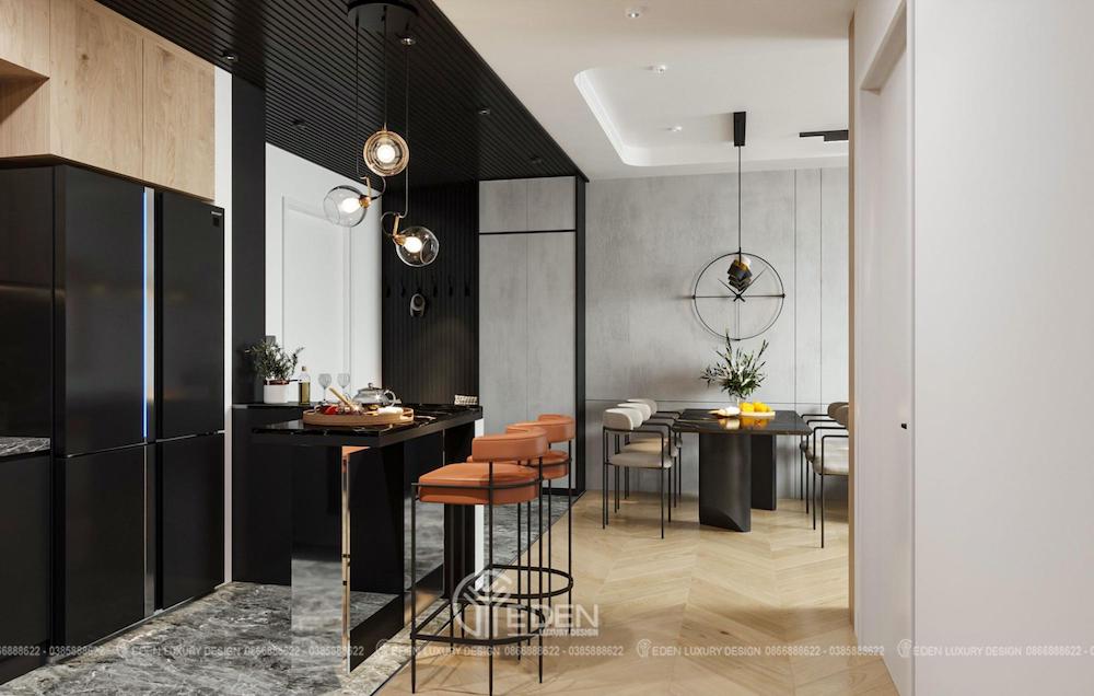 Sự liên kết giữa phòng khách và gian bếp đến từ những chiếc ghế có thiết kế tinh xảo và gọn nhẹ