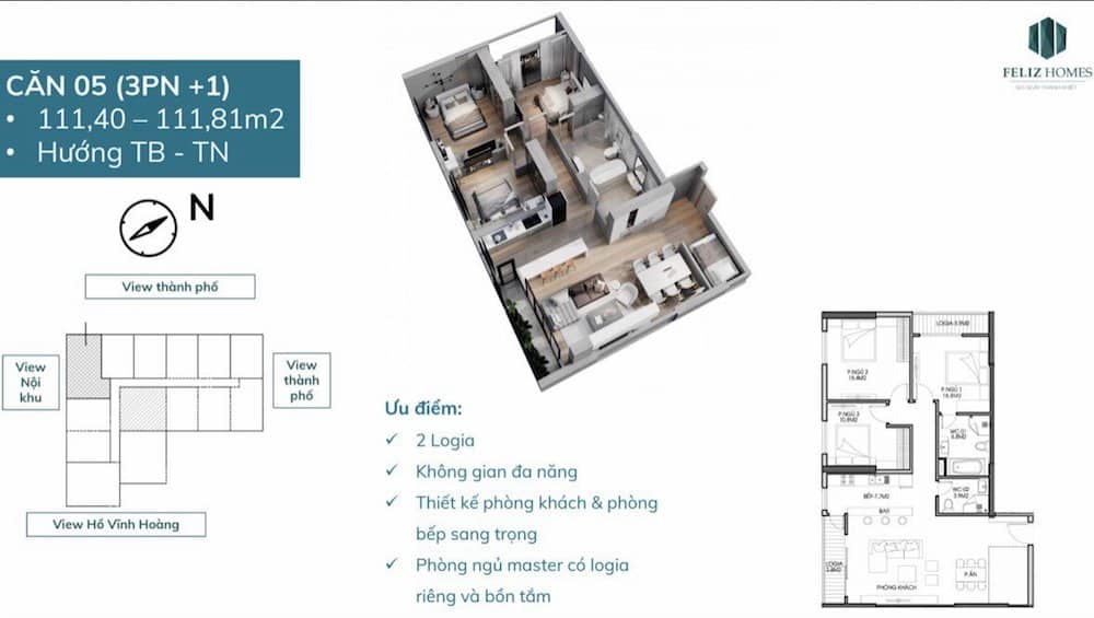 Thông tin và hình ảnh tổng quan mặt bằng căn hộ chung cư Feliz Homes 3PN+1 - Căn 5 - Sơn