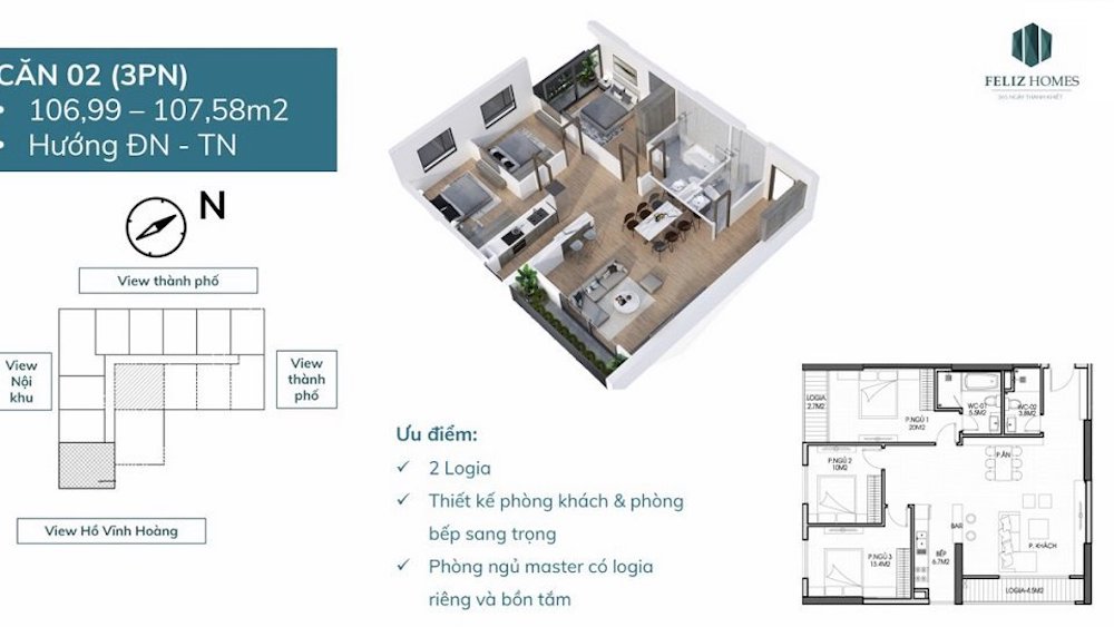 Mặt bằng của Thiết kế căn hộ chung cư Feliz Homes - Căn 02 - 3PN trên 100m2