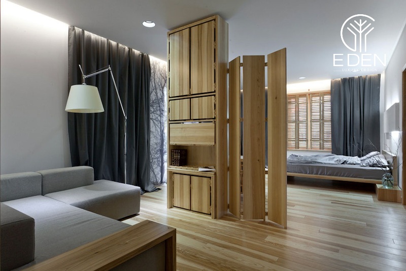 Vách ngăn phòng ngủ với phòng khách bằng gỗ xếp cực phong cách