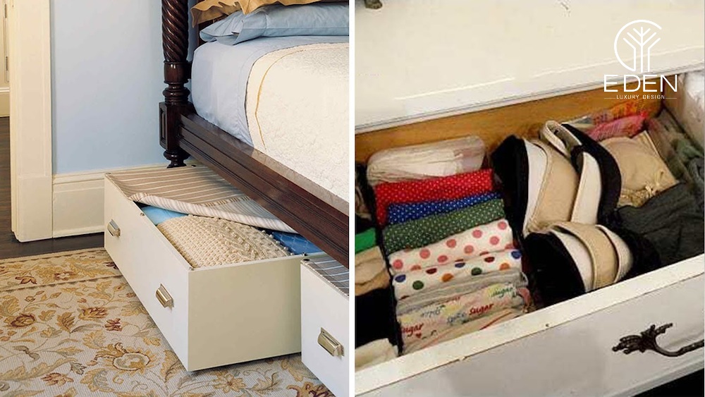 Một chiếc giường có hộc tủ ngay bên dưới giúp bạn tiện lợi lưu trữ đồ đạc