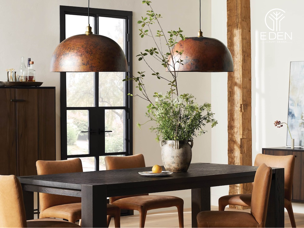 Đèn thả trang trí bàn ăn bằng gỗ cùng tone màu với đồ nội thất