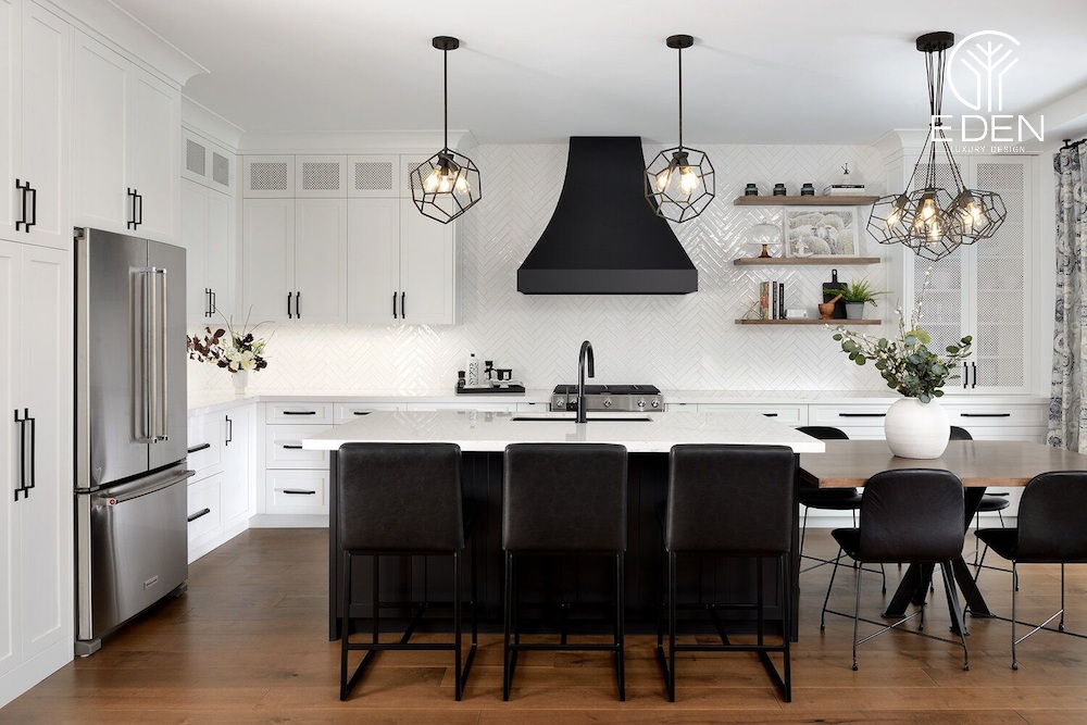 Đèn thả bàn ăn khung sắt cá tính để trang trí phòng bếp hiện đại