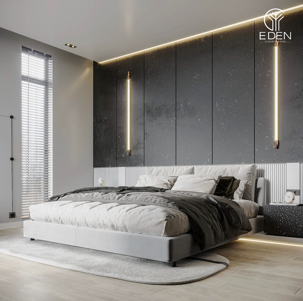 Gạch lát nền vân đá tone màu trung tính cho phòng ngủ hiện đại