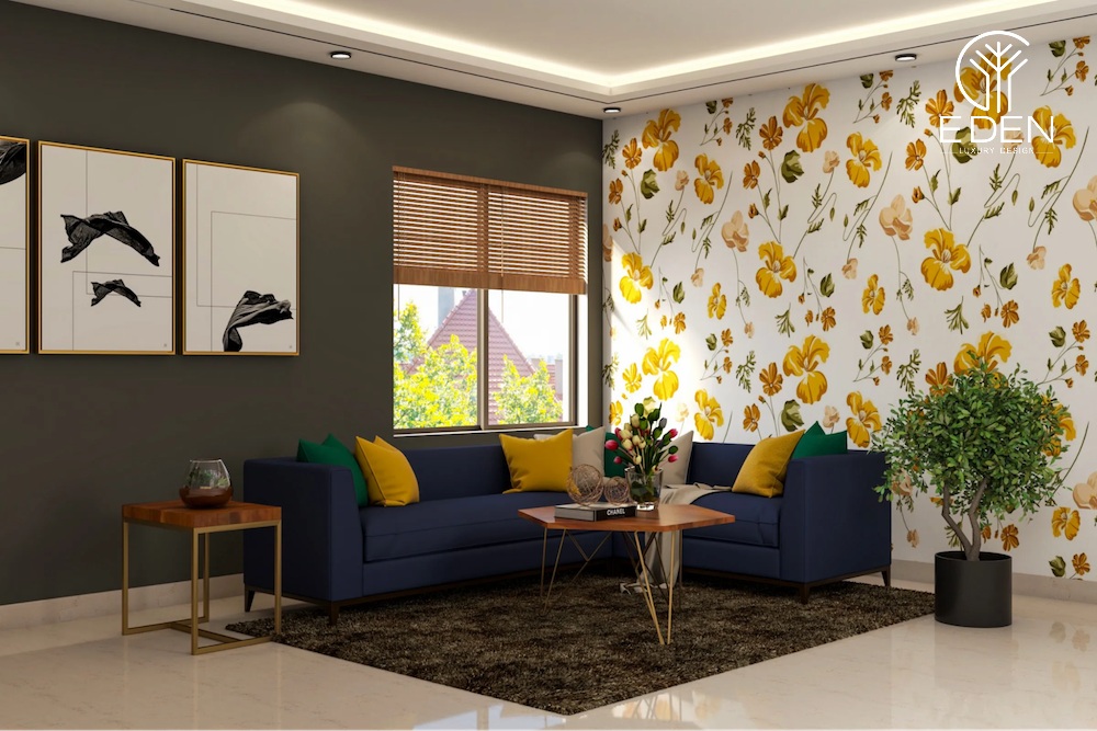 Giấy dán tường in họa hoa vàng tươi tắn cho phòng khách hiện đại