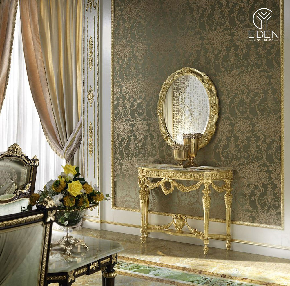 Gương khung kim loại với đường nét cầu kỳ mạ vàng dành cho phòng khách cổ điển