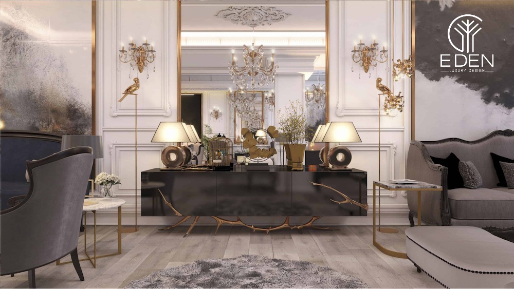 Trang trí phòng khách biệt thự cổ điển bằng gương cỡ lớn viền mạ vàng cao cấp