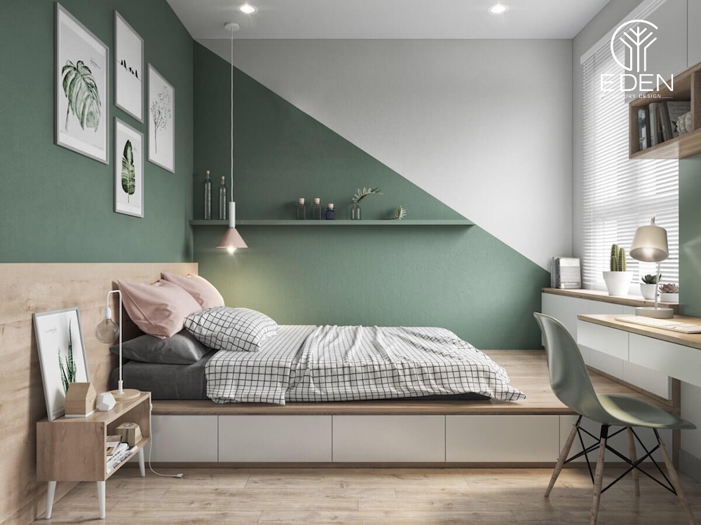 Phòng ngủ độc đáo với màu sơn phòng ngủ sắc xanh rêu