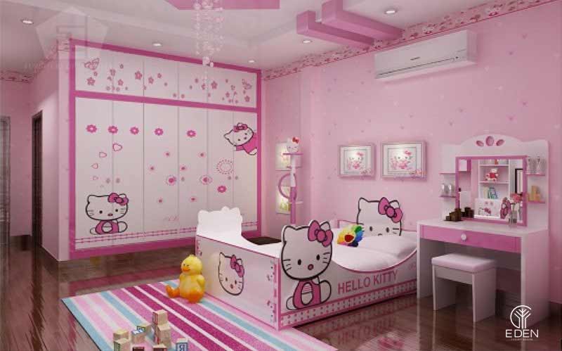 Thiết kế phòng ngủ cho bé giá có hình Hello Kitty màu xanh độc đáo 3