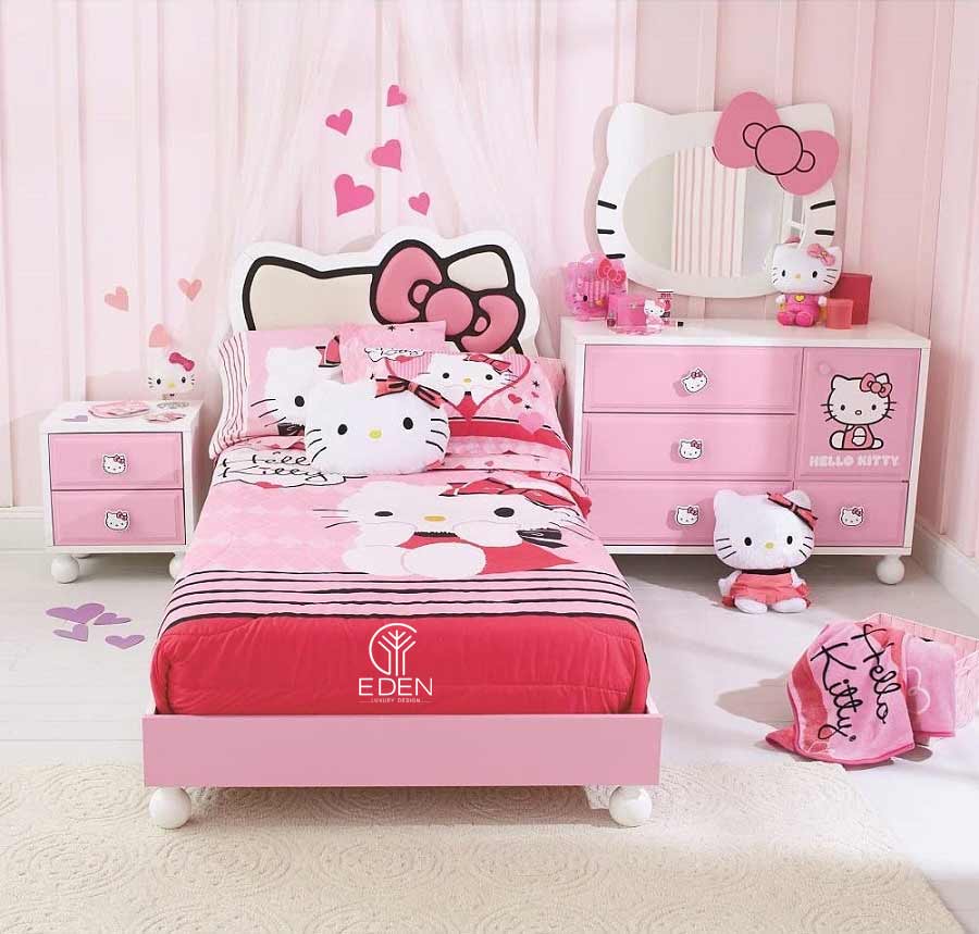 Thiết kế phòng ngủ cho bé giá có hình Hello Kitty màu xanh độc đáo 2