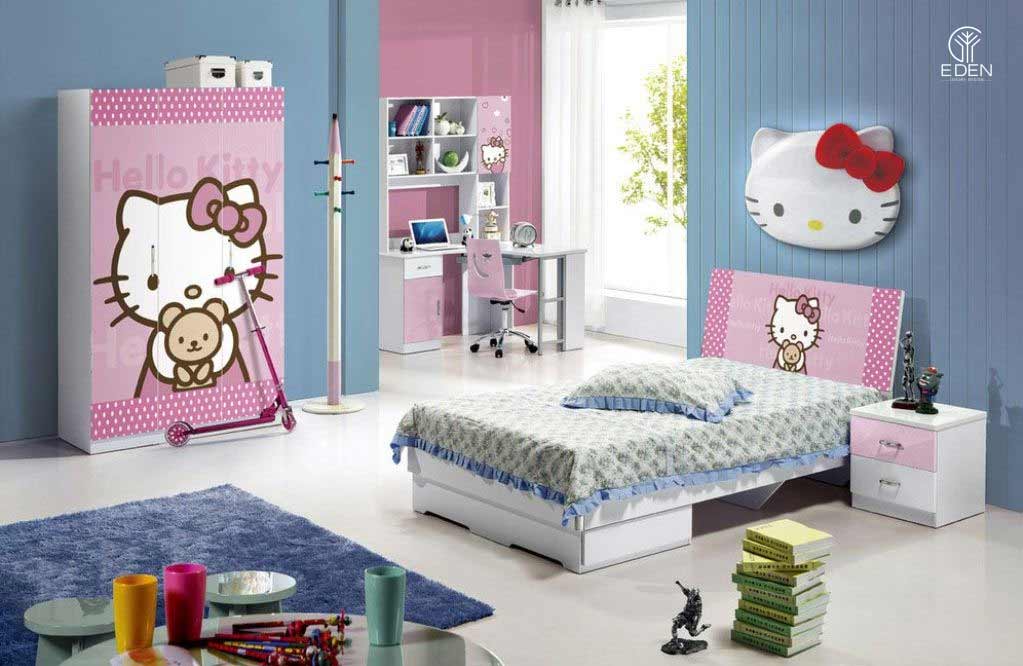 Thiết kế phòng ngủ cho bé giá có hình Hello Kitty màu xanh độc đáo 1