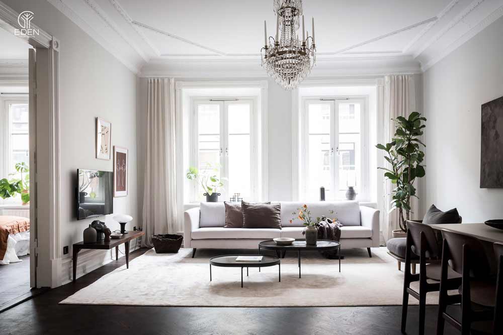 Phòng khách được thiết kế với nét đặc trưng của phong cách Bắc Âu