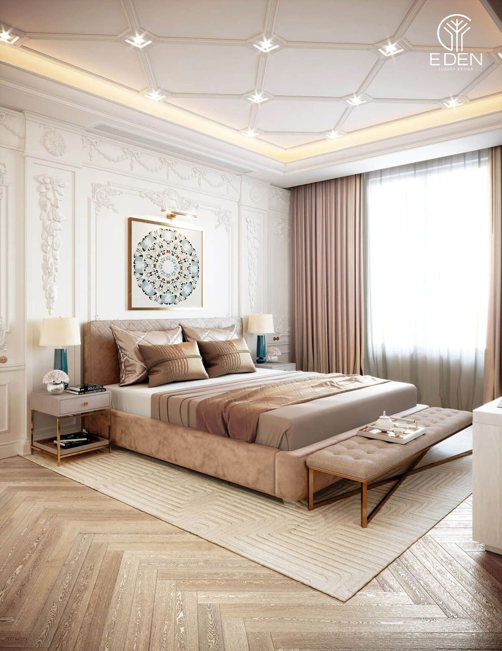 Trần thạch cao cho phòng ngủ tân cổ điển với thiết kế ô vuông đan xen mới lạ