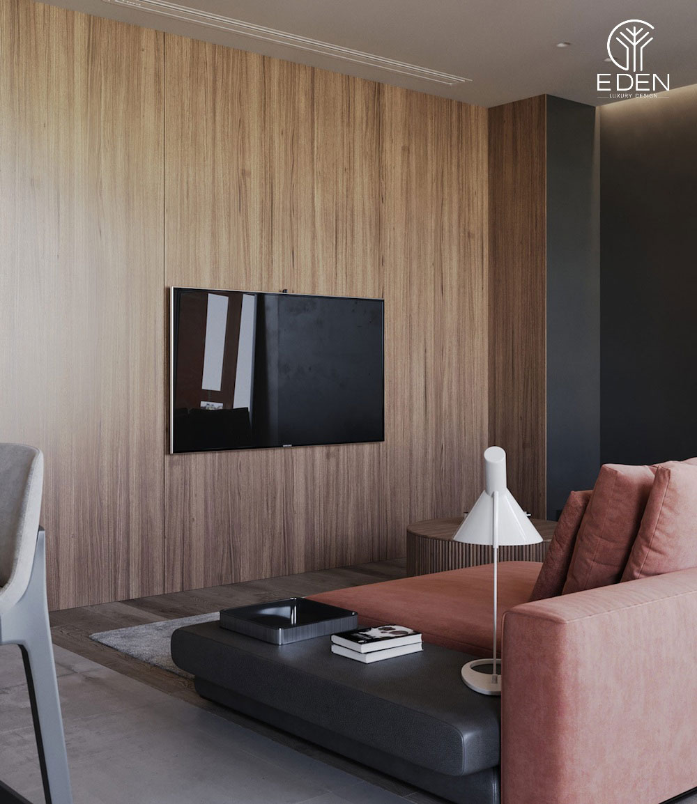 Vách kệ tivi phòng khách đẹp bằng gỗ tự nhiên dành cho căn hộ chung cư