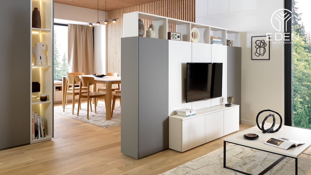 Vách tivi kết hợp tủ trang trí ngăn cách bếp và phòng khách